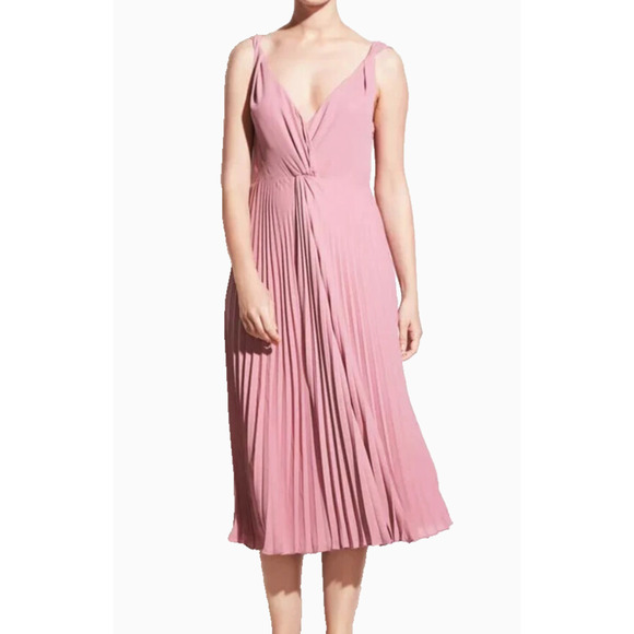 B5 NWT VINCE Baies Pink Twist Front Pleated A Line Midi Dress Size 4 $325 - Picture 2 of 7